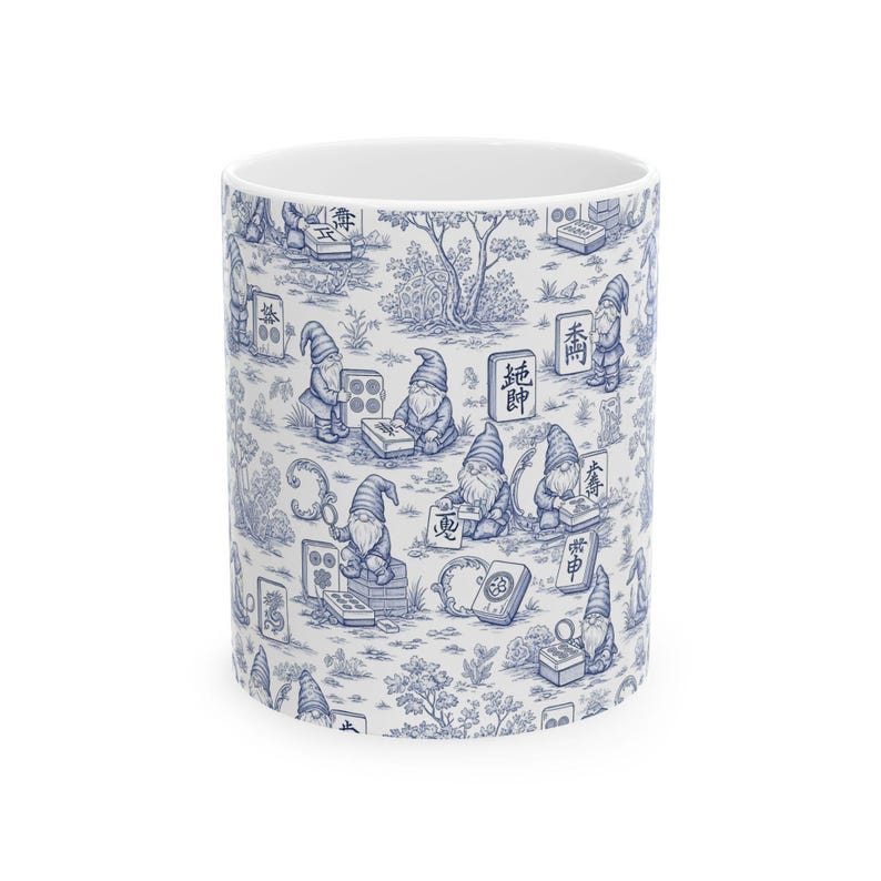 Gnomes Playing Mahjong Whimsical Blue Ceramic Mug, Mahjong Coffee Cup, Cute Gift for Mahjong Players, Cozy Home Accessory imagem 2