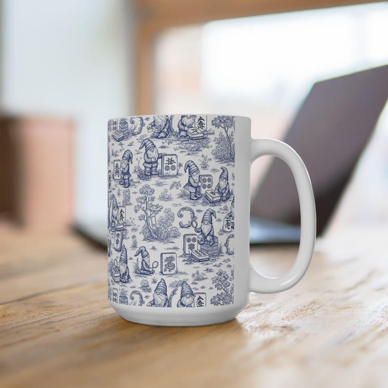 Gnomes Playing Mahjong Whimsical Blue Ceramic Mug, Mahjong Coffee Cup, Cute Gift for Mahjong Players, Cozy Home Accessory imagem 7