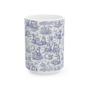 Gnomes Playing Mahjong Whimsical Blue Ceramic Mug, Mahjong Coffee Cup, Cute Gift for Mahjong Players, Cozy Home Accessory imagem 3