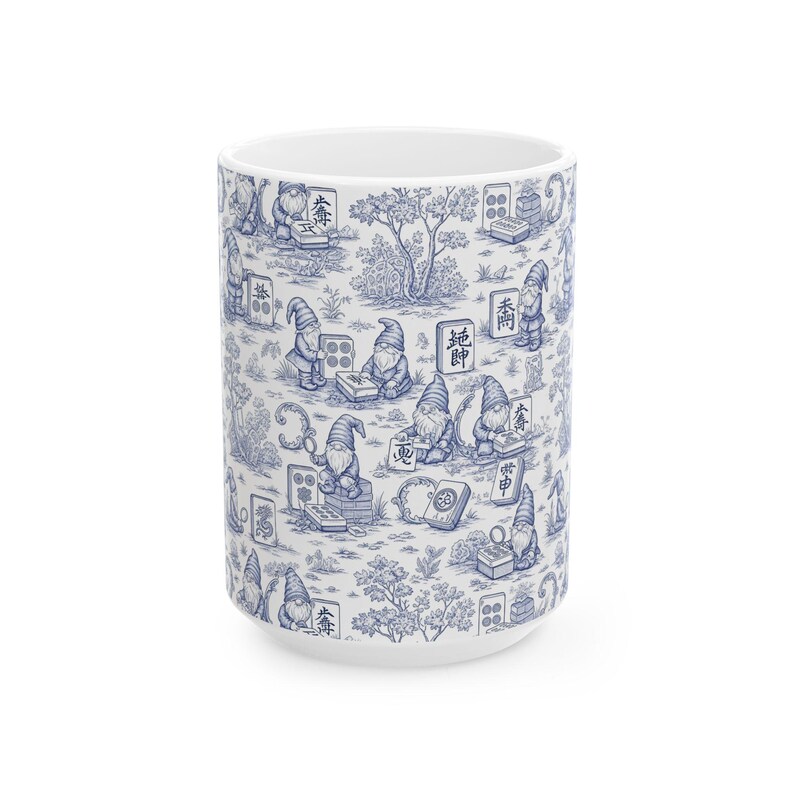 Gnomes Playing Mahjong Whimsical Blue Ceramic Mug, Mahjong Coffee Cup, Cute Gift for Mahjong Players, Cozy Home Accessory imagem 3