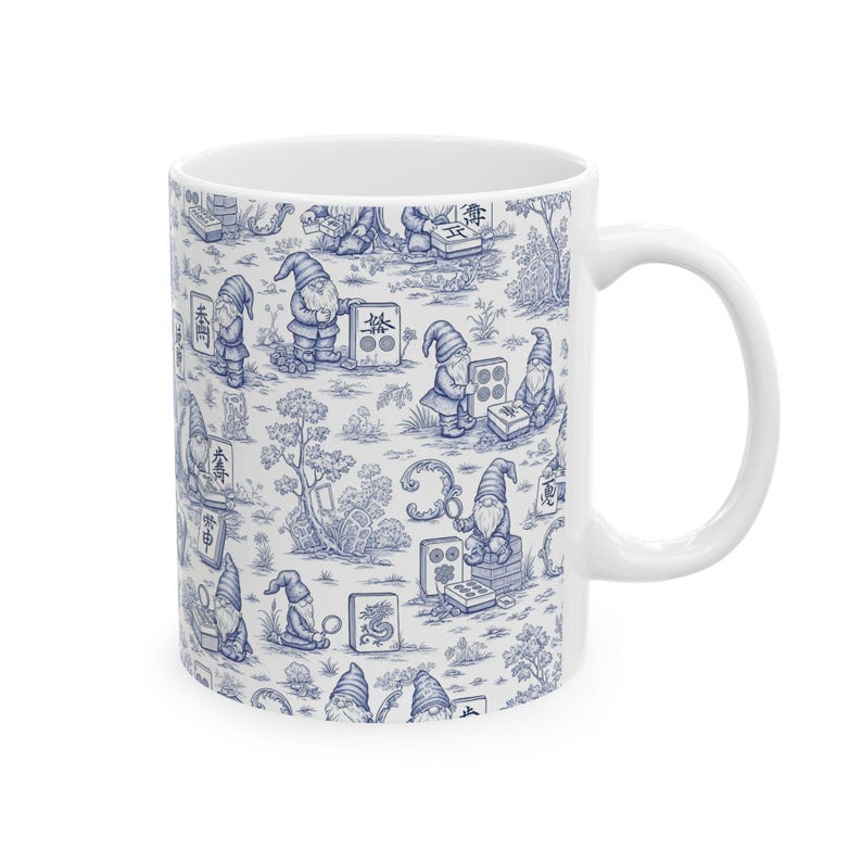 Gnomes Playing Mahjong Whimsical Blue Ceramic Mug, Mahjong Coffee Cup, Cute Gift for Mahjong Players, Cozy Home Accessory imagem 6