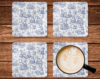 Conjunto de porta-copos Toile De Jouy Gnomos tocando Mahjong, porta-copos Chinoiserie, decoração de mesa, presente exclusivo, acessórios para casa, presente de inauguração