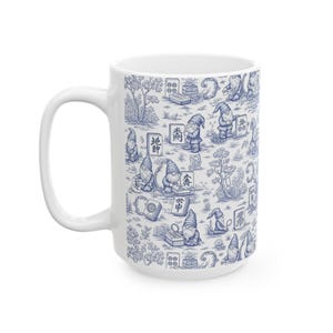 Gnomes Playing Mahjong Whimsical Blue Ceramic Mug, Mahjong Coffee Cup, Cute Gift for Mahjong Players, Cozy Home Accessory imagem 5