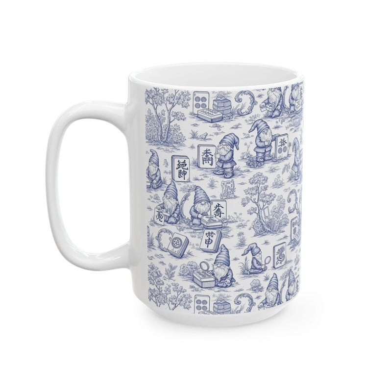 Gnomes Playing Mahjong Whimsical Blue Ceramic Mug, Mahjong Coffee Cup, Cute Gift for Mahjong Players, Cozy Home Accessory imagem 5