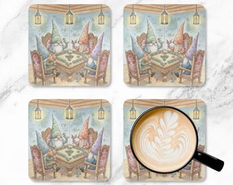 Conjunto de porta-copos Gnomos Jogando Mahjong, porta-copos, porta-copos de mesa, presente de inauguração, decoração para casa, conjunto de 4 porta-copos, presente para anfitriã
