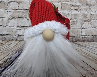 Santa Claus Gnome Hand Knit Fluff Brim with Poinsettia Trim