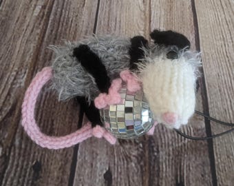 Knitted Opossum Ornament with Disco Ball - Quirky Car Accessory, Cute Gift, Handmade, Unique Home Decor, Possum Lover Gift, Party Animal