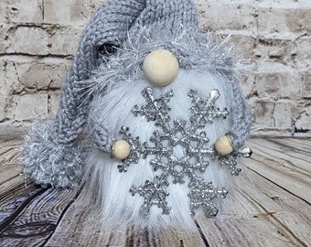 Christmas Winter Grunge Woodland Gnome Holding Sparkly Yarn Silver Snowflake Ornament