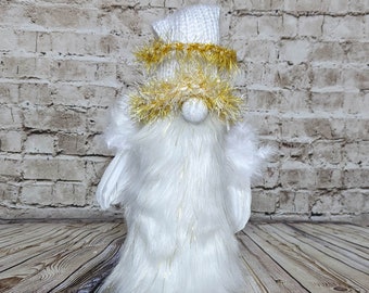 Angel Gnome Tree Topper / White And Gold Christmas Angel Gnome / Real Feather Wings Wired Knitted Halo