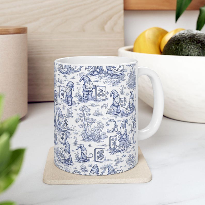 Gnomes Playing Mahjong Whimsical Blue Ceramic Mug, Mahjong Coffee Cup, Cute Gift for Mahjong Players, Cozy Home Accessory imagem 10