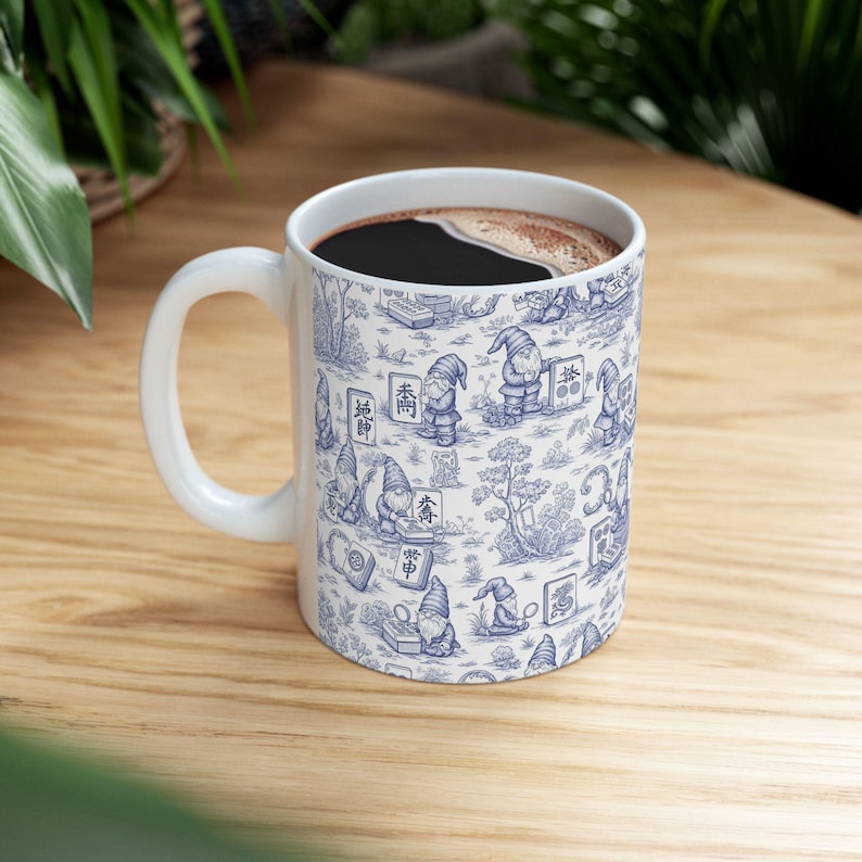 Gnomes Playing Mahjong Whimsical Blue Ceramic Mug, Mahjong Coffee Cup, Cute Gift for Mahjong Players, Cozy Home Accessory imagem 1