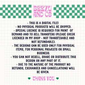 May include: A digital file graphic with the text "Beezu and Co" in pink, along with a green and white checkered pattern. The text details the digital nature of the product and usage restrictions.