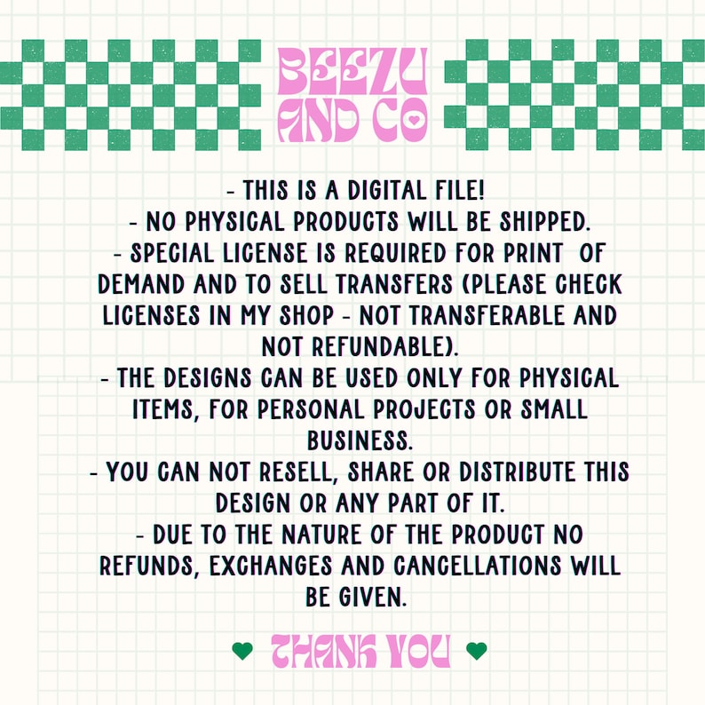 May include: A digital file graphic with the text "Beezu and Co" in pink, along with a green and white checkered pattern. The text details the digital nature of the product and usage restrictions.