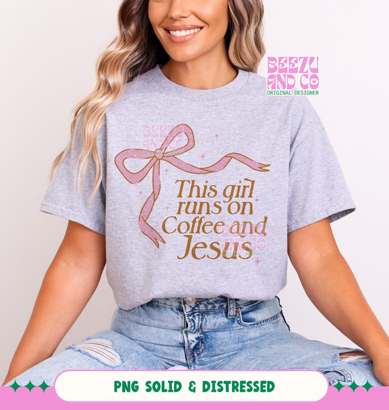 May include: A gray t-shirt with a pink ribbon and the text "This girl runs on Coffee and Jesus".