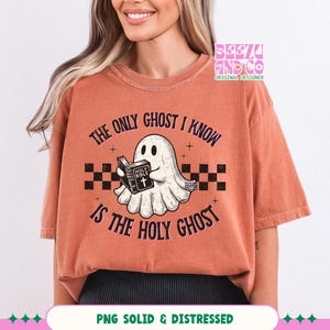 May include: A rust-colored short-sleeve t-shirt featuring a graphic of a white ghost holding a book labeled Holy Bible. The text reads The Only Ghost I Know Is The Holy Ghost, accompanied by a black and white checkered pattern and small stars.