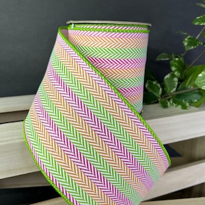 4 inch...1 yard, pink orange green chevron striped wired ribbon, designer ribbon, d Stevens ribbon, spring ribbon, Easter ribbon