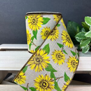 4 inch...1 yard, yellow and green sunflowers on natural wired ribbon, designer wired ribbon, d stevens ribbon, luxury ribbon, summer ribbon