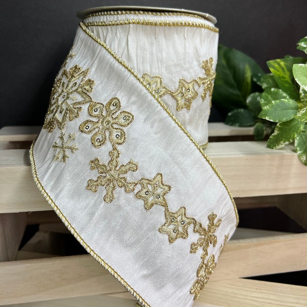 4 inch...10 yards, sequined gold embroidered snowflakes on ivory wired ribbon, designer wired ribbon, luxury wired ribbon, winter ribbon