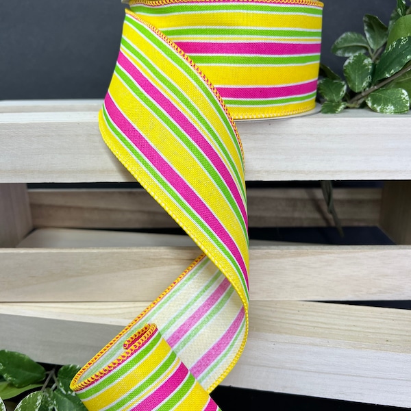 2.5 inch...1 yard, bright yellow pink and green striped linen wired ribbon, spring wired ribbon, Easter wired ribbon, summer wired ribbon