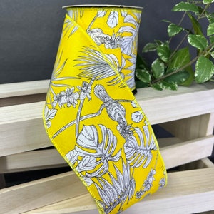 4 inch...1 yard, yellow tropical bird garden wired ribbon, designer ribbon, d Stevens, spring ribbon, summer ribbon