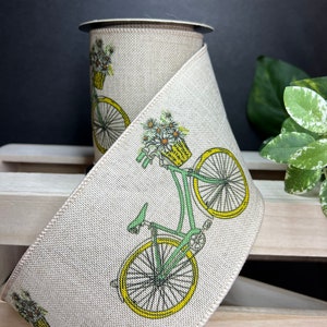 4 inch...10 yards, bicycle with basket of flowers on natural wired ribbon, designer ribbon, d stevens ribbon, luxury ribbon, summer ribbon