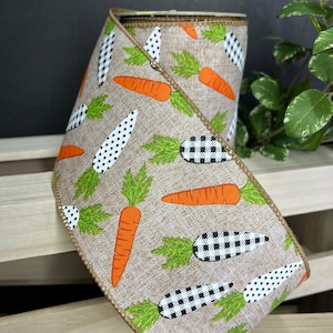 4 inch…10 yard, polka dot carrots on brown linen wired ribbon, designer ribbon, luxury ribbon, Easter ribbon, d Stevens ribbon