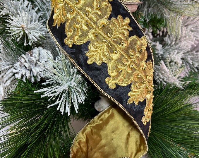 4 Inch, 5 Yard, Embroidered Gold, Gold Beads on Black Taffeta ...