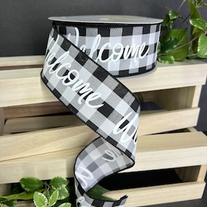 2.5 inch...1 yard, black and white check welcome wired ribbon, spring wired ribbon, Easter wired ribbon, summer wired ribbon