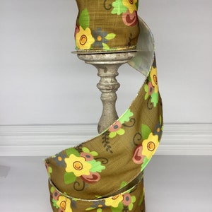 4 inch...1 yard, multicolored flowers on brown wired ribbon, designer ribbon, d stevens, luxury ribbon, wreath supplies