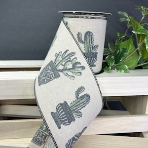 4 inch...10 yard, Cactus in pots on natural wired ribbon, designer ribbon, d Stevens ribbon, luxury ribbon, spring ribbon, Summer ribbon