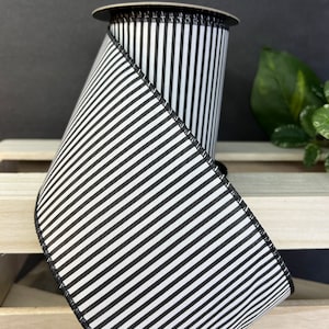 4 inch...10 yards, black and ivory mini stripe wired ribbon, designer ribbon, luxury ribbon, d Stevens ribbon, spring ribbon, Easter ribbon