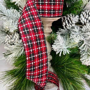 2.5 inch, 10 yard, red and black plaid with white stitching wired ribbon, d stevens, designer wired ribbon, wreath ribbon