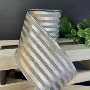 4 inch...1 yard, Silver metallic stripe on natural wired ribbon • designer • luxury • D Stevens • By the yard •