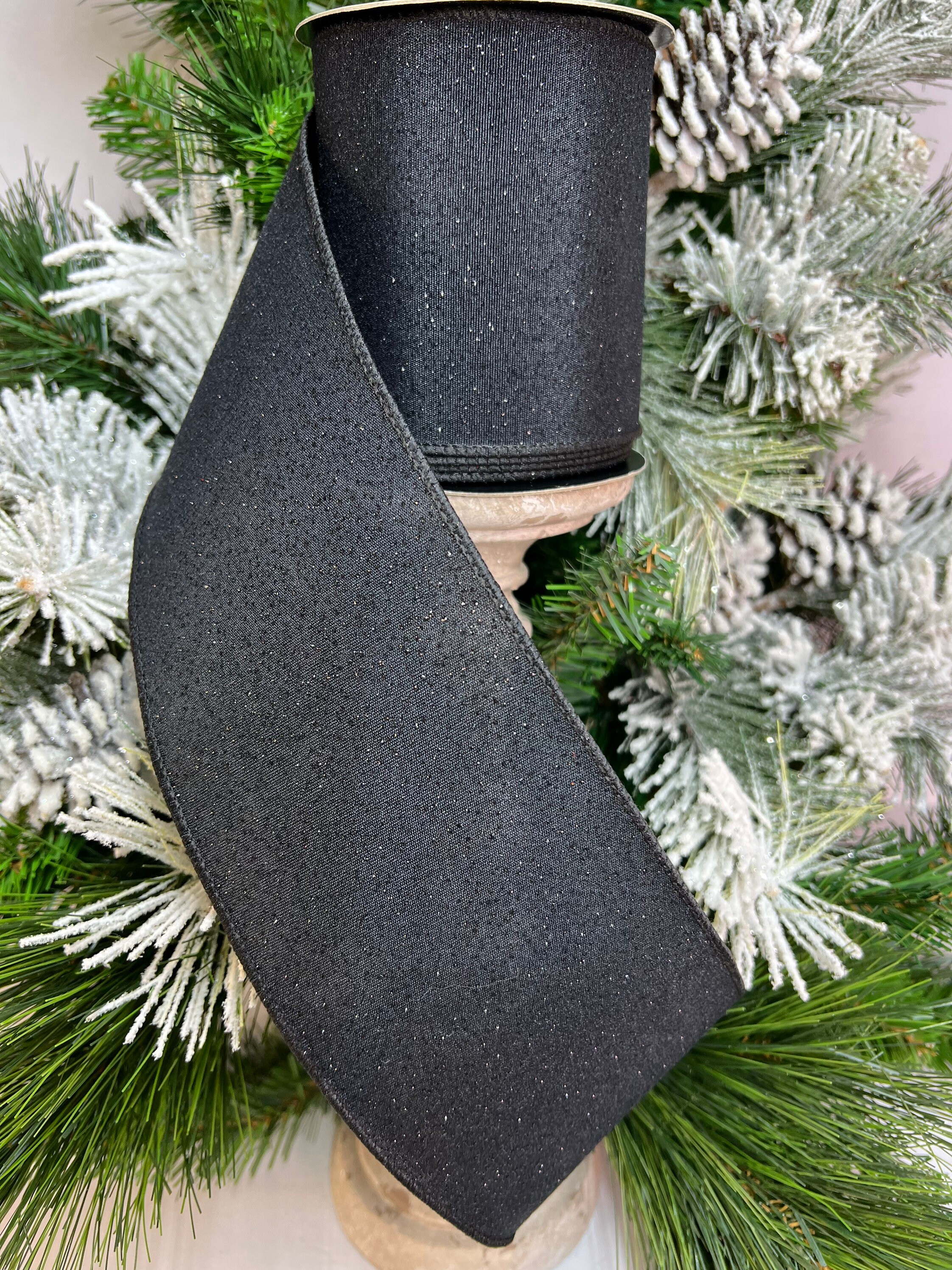 Ribbon by the Roll Designer Wired 10 Yard Roll 4 Year round Natural Linen with Black Glitter Streamers and Dots Ribbon by the Roll Designer Wired 10 Yard Roll 4 Year round Natural Linen with Black Glitter Streamers and Dots
