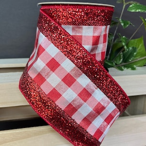 4 inch…10 yard, red and silver check with red glitter wired edge dupioni ribbon, d stevens ribbon, valentine ribbon, designer ribbon