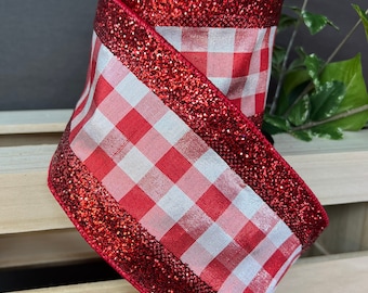 Red Glitter Wired Edge Check Ribbon, 4 Inch, 10 Yard