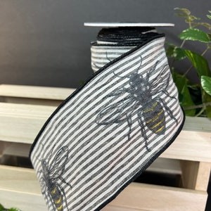 4 inch...10 yard, gray white canvas striped bumblebee wired ribbon, designer ribbon, d Stevens ribbon, luxury ribbon, spring ribbon