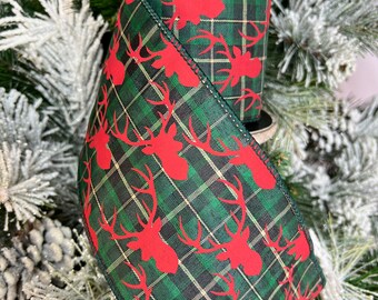 4 inch...1 yard, Red deer head on green, black plaid wired ribbon • Designer D Stevens • Christmas wired ribbon • By the yard •