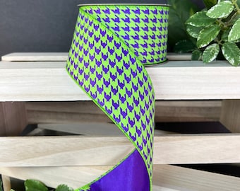 2.5 inch...10 yards, purple and lime satin houndstooth wired ribbon, designer wired ribbon, d Stevens, Halloween ribbon
