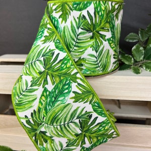 4 inch...1 yard, Watercolor tropical foliage on white canvas wired ribbon, designer ribbon, d Stevens ribbon, luxury ribbon, summer ribbon