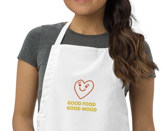 Good Food Good Mood Embroidered Apron | Fun Stitched Black and White Aprons | Fun Gifts for Him, Her and Them | Gifts for Cooks