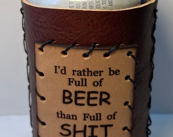 Beer Holder, Leather, Drink Cooler, Beer Sleeve, 12oz. Can, Can Cooler, Beer Drinkers, Engraved, Unique, Valentine's Gifts