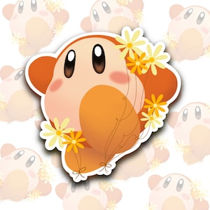 Könnte beinhalten: Eine Comicfigur mit orangefarbenem Haar und einem rosafarbenen Körper ist von gelben Blumen umgeben. Die Figur hat große, schwarze Augen und eine kleine, rosafarbene Nase.