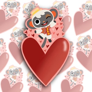 May include: A white monkey wearing a red and yellow patterned shirt and a yellow hat is standing on a large red heart. The heart is surrounded by smaller pink hearts.