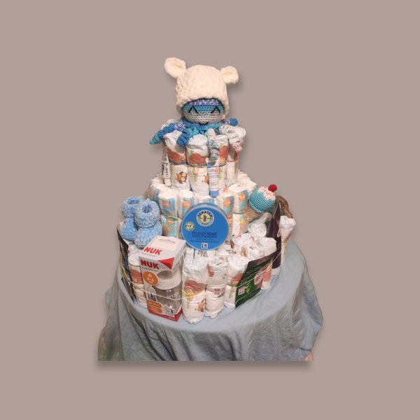 Diaper Cake XXL for Boys with Self-Crocheted Baby Shoes Ice Rattle Bear Hats Octopod Individual