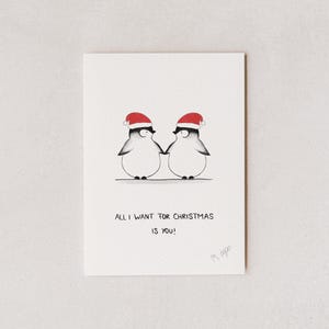 Biglietto d'auguri fidanzata di Natale, biglietto di auguri di Natale con scritta, biglietto d'amore di Natale, cartolina di auguri di Natale, pinguini