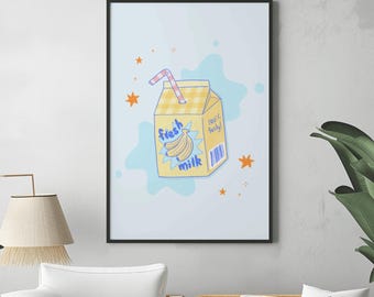 Banana Milk, Kitchen Art, Cute Illustration, Digital Download Prints, Large Printable Art, Downloadable PDF