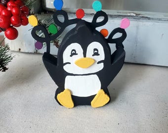 Christmas Penguin Shelf Sitter, Hand-Painted Wood Ornament