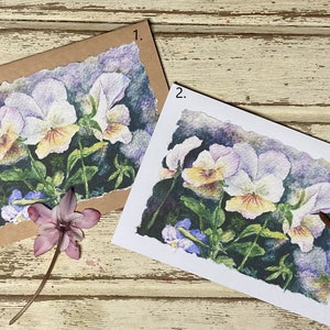 Handgemaakte kaart, viooltje handgeschilderde aquarelprint