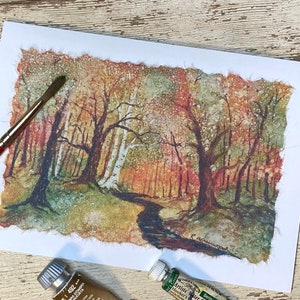 Cartão feito à mão, pintado à mão: "Caminho de Outono"; 5” x 7” em branco dentro do cartão de outono